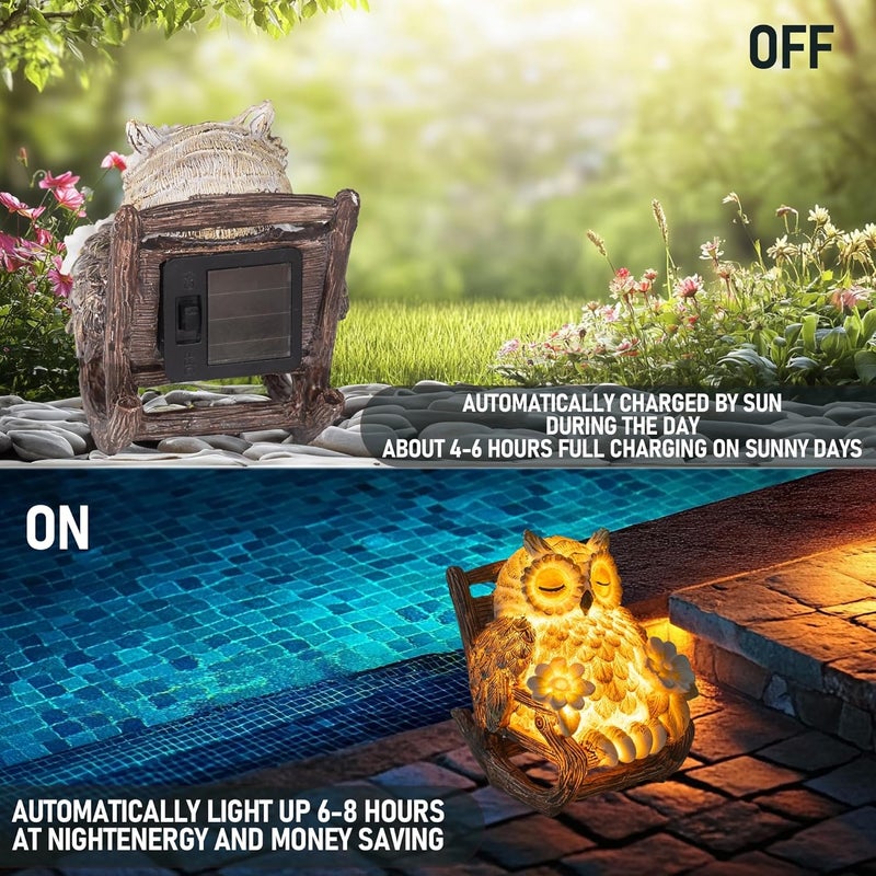 LIULO TOOL Light Up Owl on Chair Garden Sculpture, LED Solar Powered Owl Lying on The Chair, Cute Figurine Crafted Statue for Home Fireplace Outdoor Centerpiece Collection Decoration, 3x3x4 in - Image 4